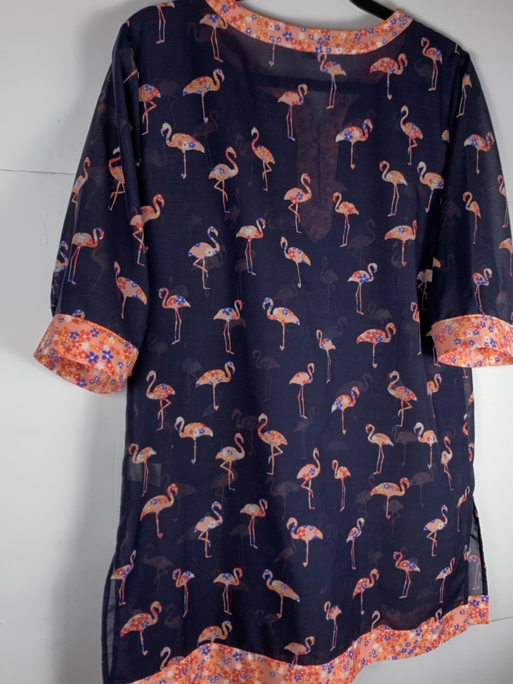 Talbots Flamingo Print Sheer Tunic Cover Up Navy Pink Size S Beach Swim Top - Picture 12 of 14